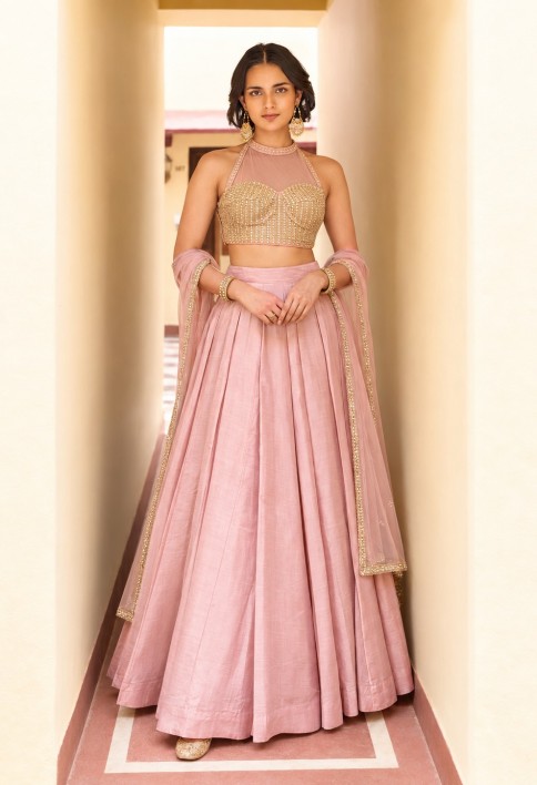 Silk Pink Plain Lehenga Choli